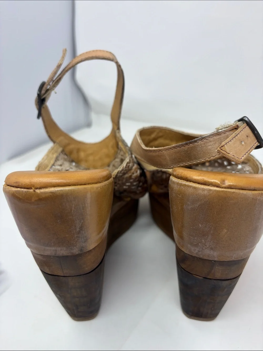 BED|STU Woven Dark Camel Leather Platform Sandals Size 10 Excellent Condition